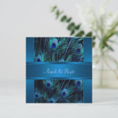Royal Blue Paarse Peacock Feathers Wedding Kaart (Staand voorkant)