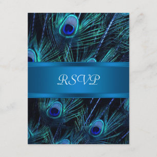 Royal Blue Paarse Peacock Feathers Wedding RSVP Kaartje