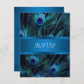 Royal Blue Paarse Peacock Feathers Wedding RSVP Kaartje (Voorkant / Achterkant)