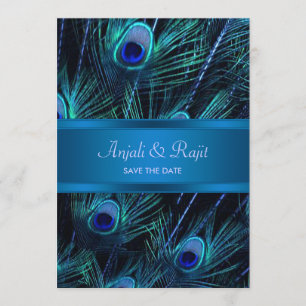 Royal Blue Paarse Peacock Feathers Wedding Save The Date