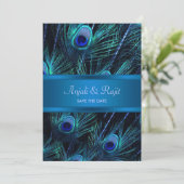 Royal Blue Paarse Peacock Feathers Wedding Save The Date (Staand voorkant)