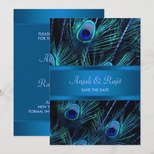 Royal Blue Paarse Peacock Feathers Wedding Save The Date (Voorkant / Achterkant)
