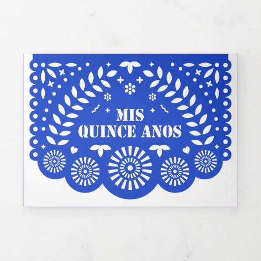 Royal Blue Papel Picado Mis Quince Años Drieluik Uitnodiging (Cover)