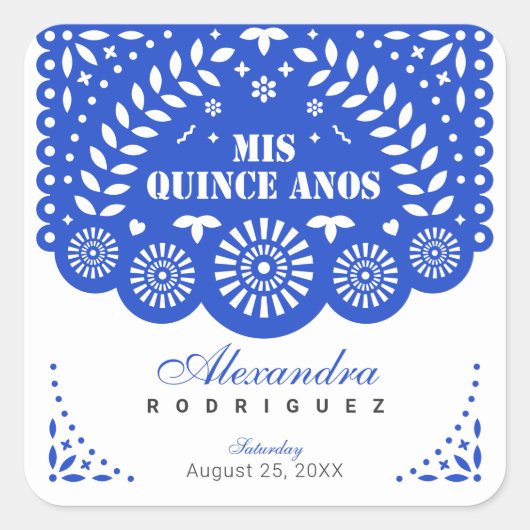 Royal Blue Papel Picado Mis Quince Años Vierkante Sticker (Voorkant)
