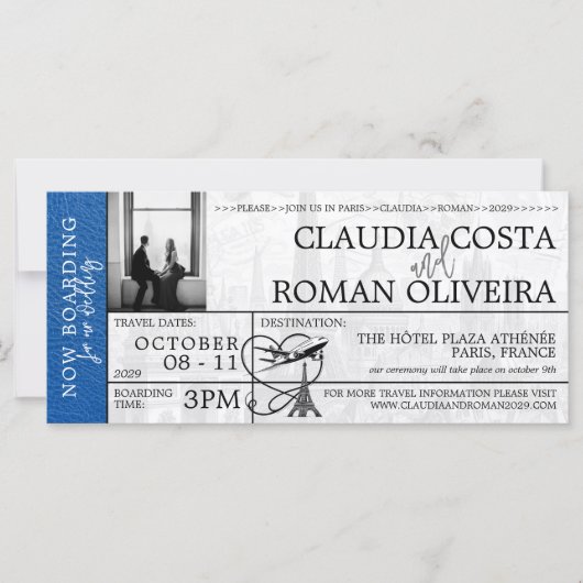 Royal Blue Paris bruiloft instapkaart uitnodiging (Voorkant)
