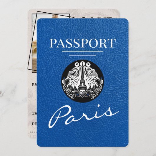 Royal Blue Paris Passport Bewaar de datum Save The Date (Voorkant / Achterkant)