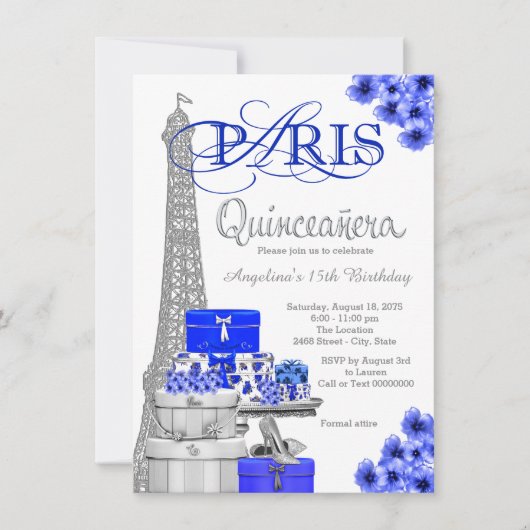 Royal Blue Paris Quinceanera Uitnodigingen (Voorkant)