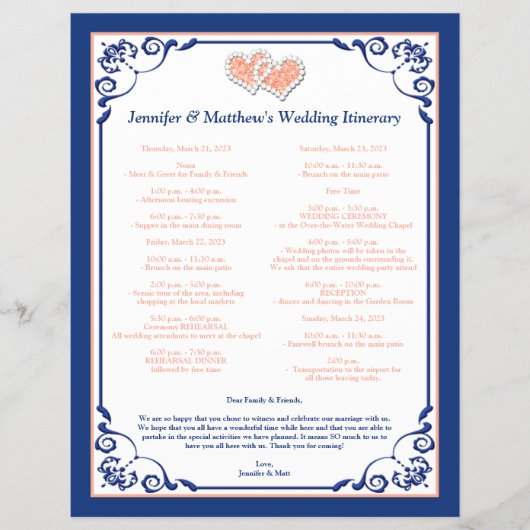 Royal Blue, Peach Hearts Wedding Itinerary Flyer (Voorkant)