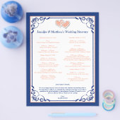 Royal Blue, Peach Hearts Wedding Itinerary Flyer (Enkel)