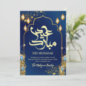 Royal Blue Peacock Feather and Gold Eid Mubarak Feestdagenkaart (Staand voorkant)
