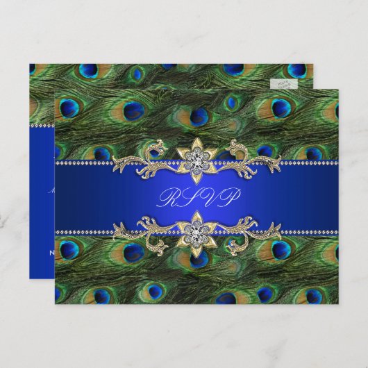 Royal Blue Peacock RSVP-Briefkaart Uitnodiging Briefkaart (Voorkant / Achterkant)