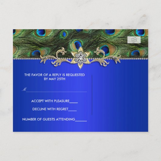 Royal Blue Peacock RSVP-Briefkaart Uitnodiging Briefkaart (Achterkant)