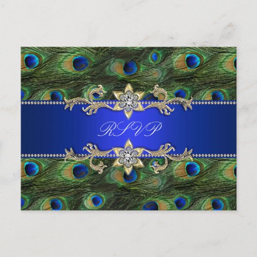 Royal Blue Peacock RSVP-Briefkaart Uitnodiging Briefkaart (Voorkant)