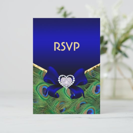 Royal Blue Peacock RSVP Kaartje (Staand voorkant)