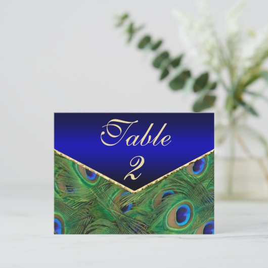 Royal Blue Peacock Table Number Kaart (Staand voorkant)