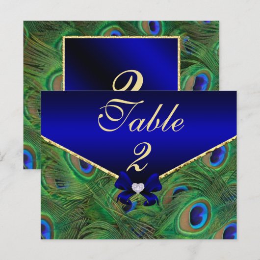 Royal Blue Peacock Table Number Kaart (Voorkant / Achterkant)