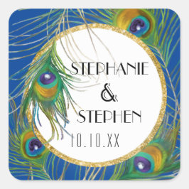 Royal Blue Peacock veren een gouden faux glitter Vierkante Sticker