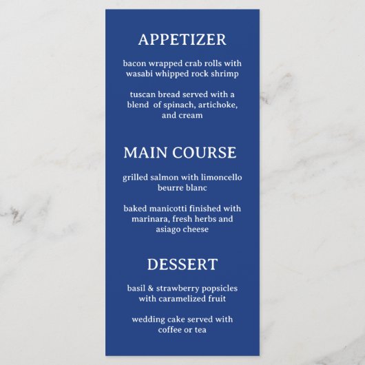 Royal Blue Peacock Wedding Flat Menu (Achterkant)