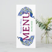 Royal Blue Peacock Wedding Flat Menu (Staand voorkant)