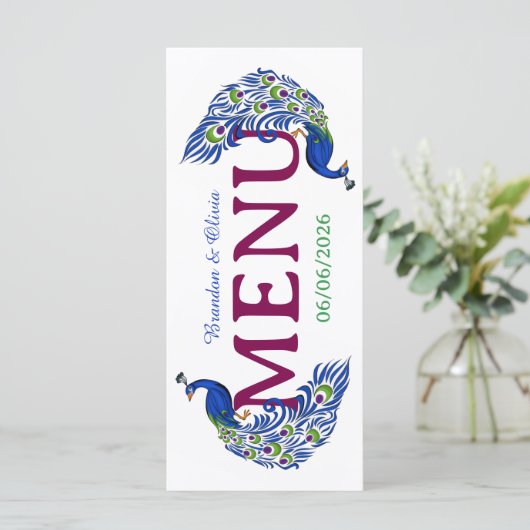 Royal Blue Peacock Wedding Flat Menu (Staand voorkant)