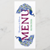 Royal Blue Peacock Wedding Flat Menu (Voorkant)