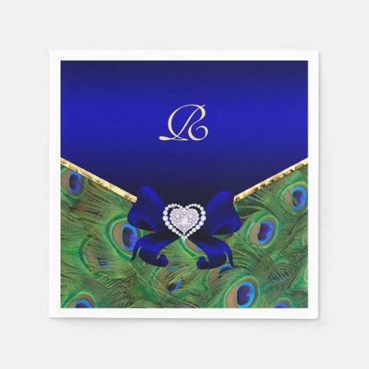 Royal Blue Peacock Wedding Paper Party Napkins Servetten (Voorkant)