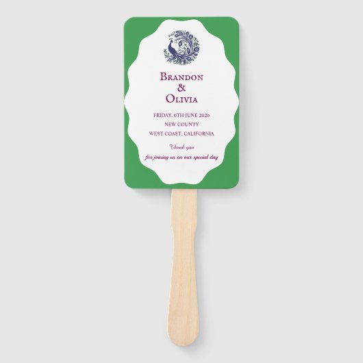 Royal Blue Peacock Wedding Program Set of Fans Handwaaier (Voorkant)