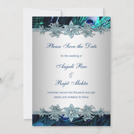 Royal Blue Peacock Wedding Save the Date (Achterkant)