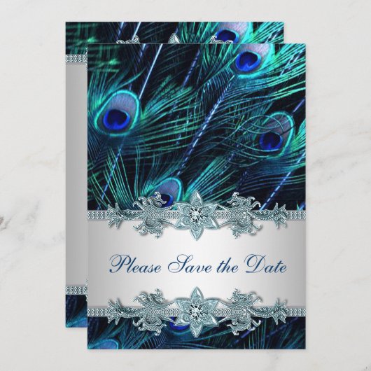 Royal Blue Peacock Wedding Save the Date (Voorkant / Achterkant)
