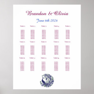 Royal Blue Peacock Wedding Seating Chart Poster