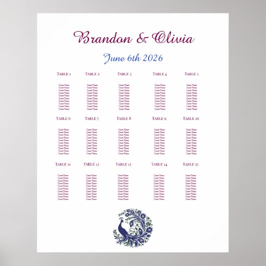Royal Blue Peacock Wedding Seating Chart Poster (Voorkant)