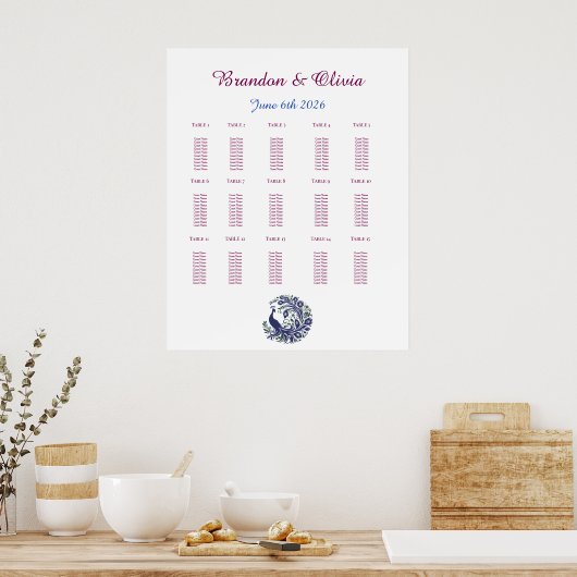 Royal Blue Peacock Wedding Seating Chart Poster (Keuken)
