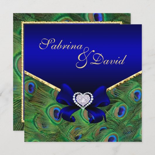 Royal Blue Peacock Wedding Uitnodiging (Voorkant / Achterkant)