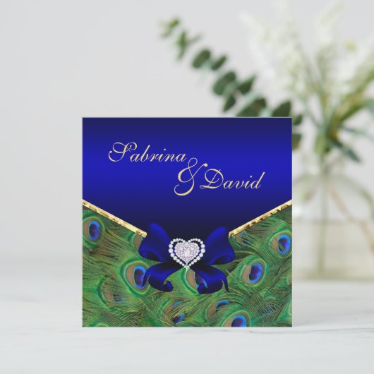 Royal Blue Peacock Wedding Uitnodiging (Staand voorkant)