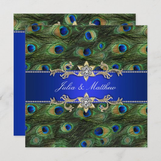 Royal Blue Peacock Wedding Uitnodiging (Voorkant / Achterkant)