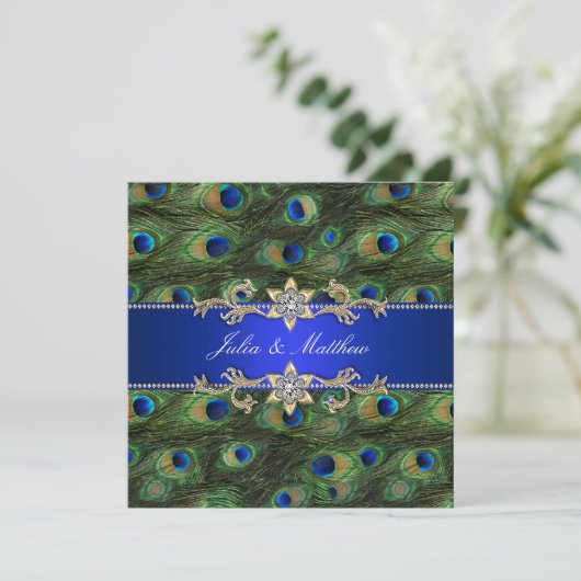 Royal Blue Peacock Wedding Uitnodiging (Staand voorkant)