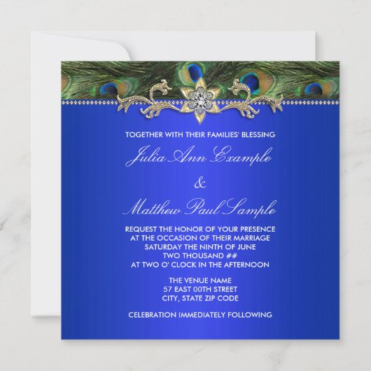 Royal Blue Peacock Wedding Uitnodiging (Achterkant)