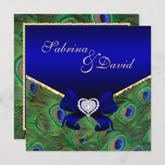 Royal Blue Peacock Wedding Uitnodiging (Voorkant / Achterkant)