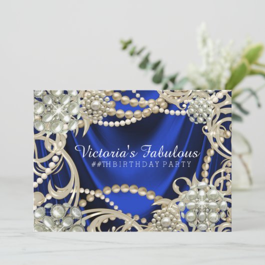 Royal Blue Pearl Glam Verjaardagsfeest Kaart (Staand voorkant)