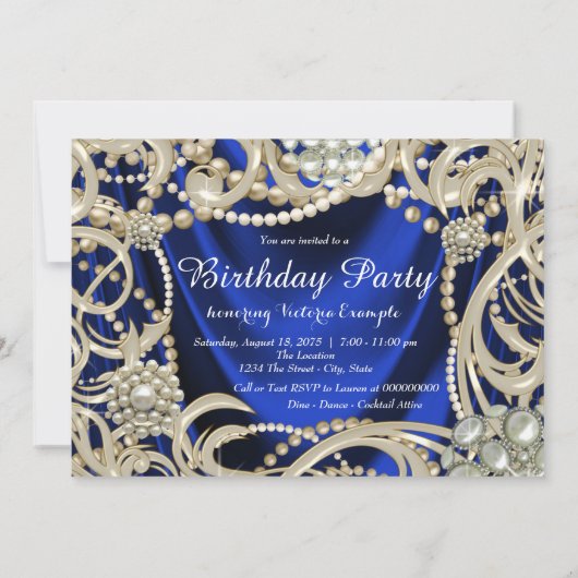 Royal Blue Pearl Glam Verjaardagsfeest Kaart (Achterkant)