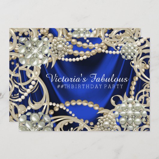 Royal Blue Pearl Glam Verjaardagsfeest Kaart (Voorkant / Achterkant)