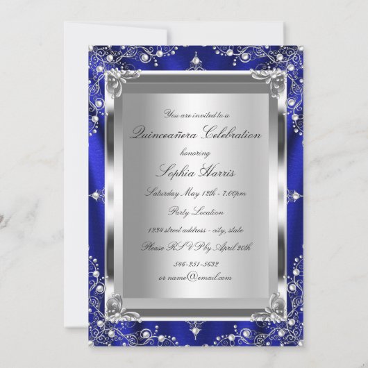 Royal Blue Pearl Silk  Glamor Quinceanera Kaart (Achterkant)
