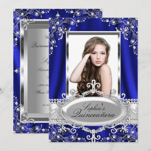 Royal Blue Pearl Silk Glamor Quinceanera Kaart (Voorkant / Achterkant)
