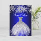 Royal Blue Pearl Silver Dress Snowflake Sweet 16 Kaart (Staand voorkant)