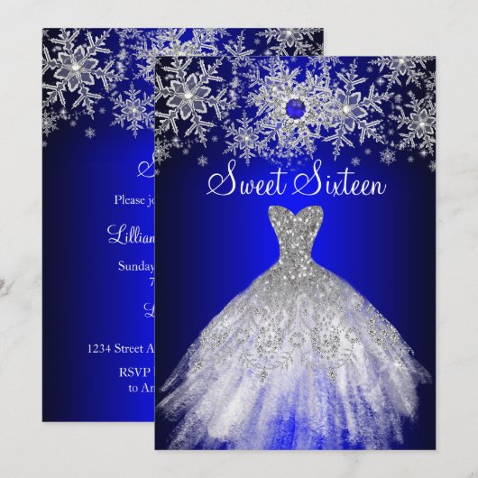 Royal Blue Pearl Silver Dress Snowflake Sweet 16 Kaart (Voorkant / Achterkant)