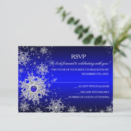 Royal Blue Pearl Snowflake Kerstfeest RSVP (Staand voorkant)
