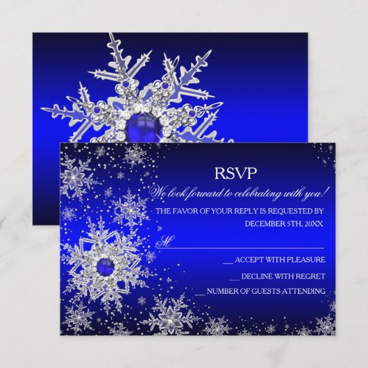 Royal Blue Pearl Snowflake Kerstfeest RSVP (Voorkant / Achterkant)