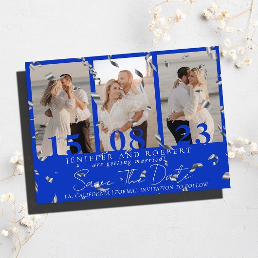 Royal Blue Photo Collage Save the Date Kaart Flyer