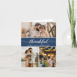 Royal Blue Photo Collage Thankful Script Wedding Bedankkaart