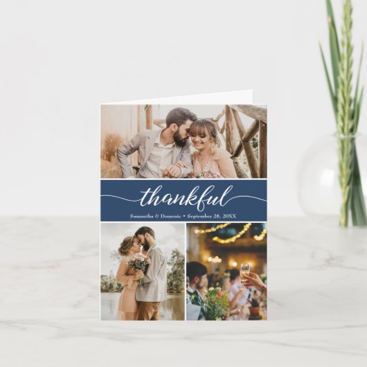 Royal Blue Photo Collage Thankful Script Wedding Bedankkaart (Voorkant)